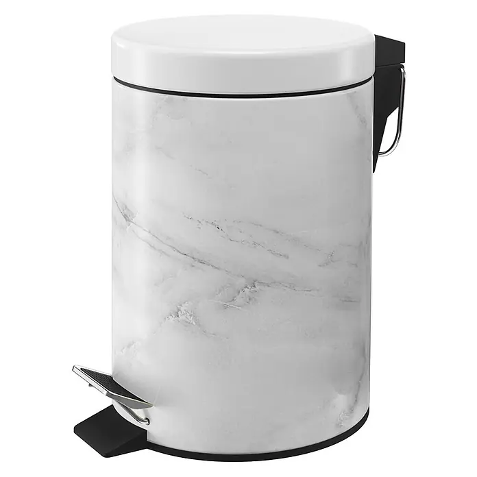 SANILO Kosmetikeimer Marmor - 3 l, Metall, Weiß|Grau - Weißer Treteimer mit Marmormuster, weißem Deckel und schwarzem Fußpedal.