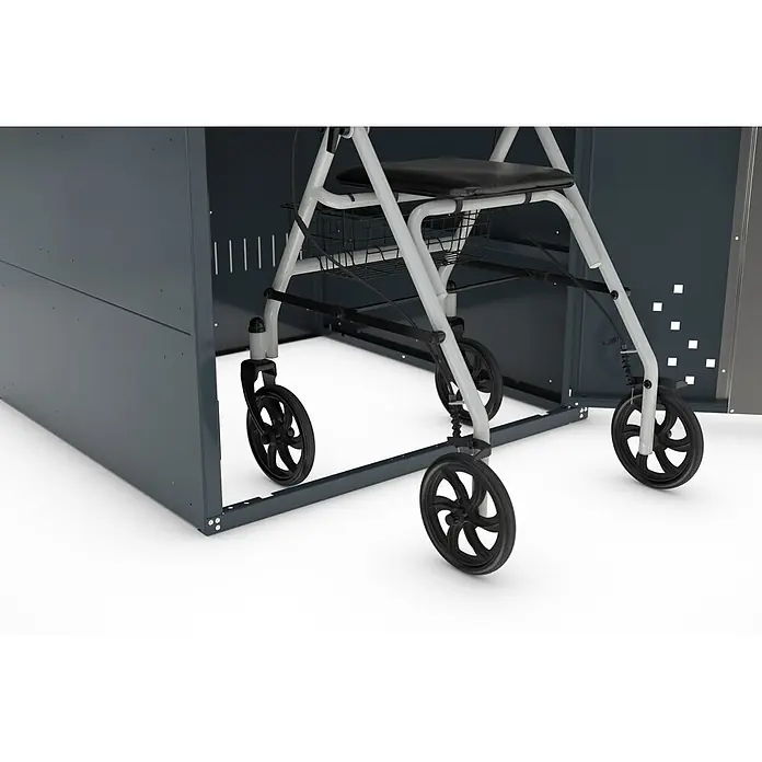 WSM Fahrradgarage Rollatorbox Giebeldach - Anthrazit - Weiß-schwarzer Rollator in einer dunkelgrauen Metall-Aufbewahrungsbox.
