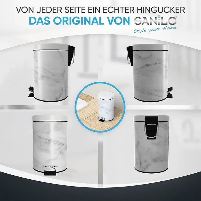 SANILO Kosmetikeimer Marmor - 3 l, Metall, Weiß|Grau - Treteimer mit weißem Marmormuster aus verschiedenen Blickwinkeln gezeigt, auch klein auf Waschtisch.