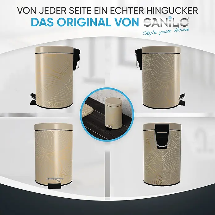 SANILO Kosmetikeimer Hosta - 3 l, Metall, Beige|Goldfarben - Eleganter beiger Treteimer mit goldenem Blattmuster, aus verschiedenen Blickwinkeln gezeigt.
