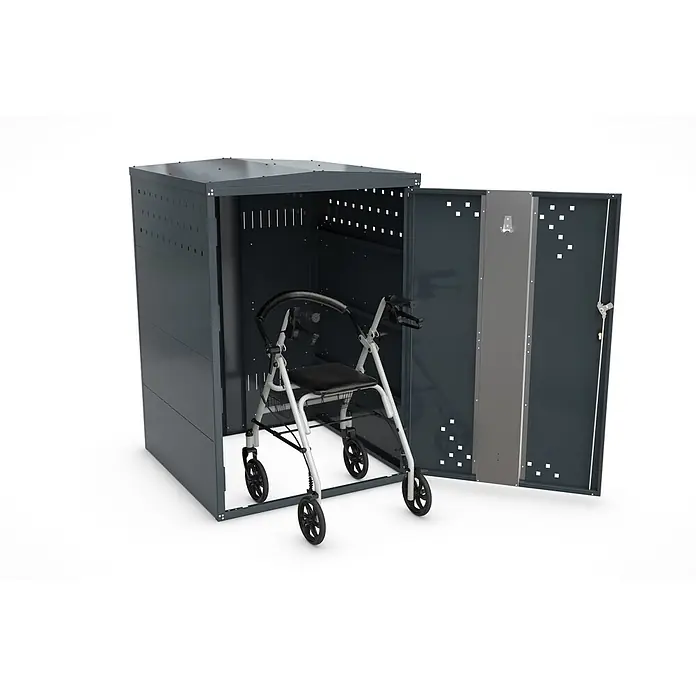 WSM Fahrradgarage Rollatorbox Giebeldach - Anthrazit - Dunkelgrauer Metallschrank mit offener Tür, der einen weiß-schwarzen Rollator beherbergt.