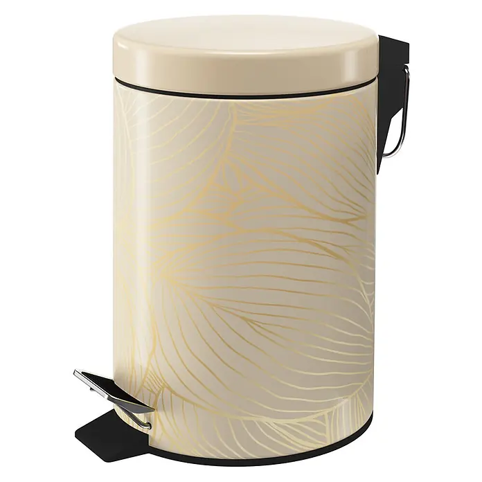 SANILO Kosmetikeimer Hosta - 3 l, Metall, Beige|Goldfarben - Cremefarbener Treteimer mit goldenem Blattmuster. Mit schwarzem Pedal und Griff.