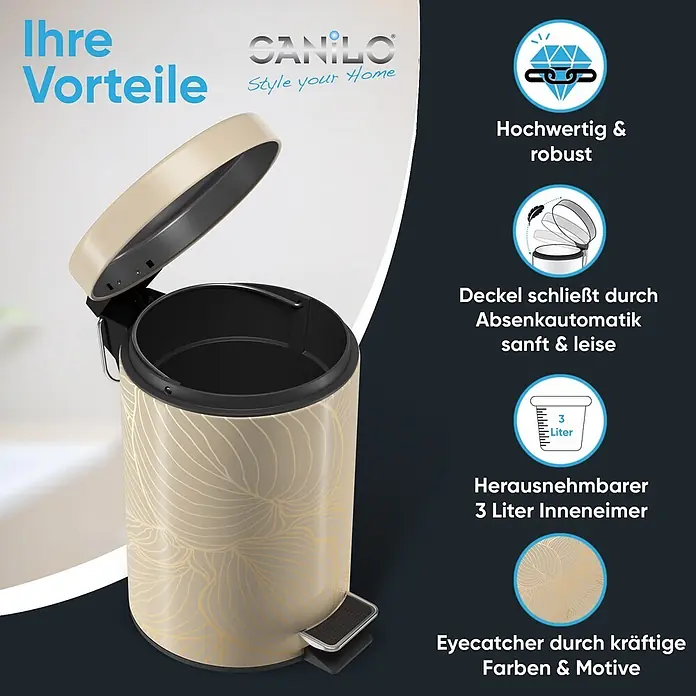 SANILO Kosmetikeimer Hosta - 3 l, Metall, Beige|Goldfarben - Beiger Treteimer mit Blattmuster, offenem Deckel und 3-Liter-Inneneimer.