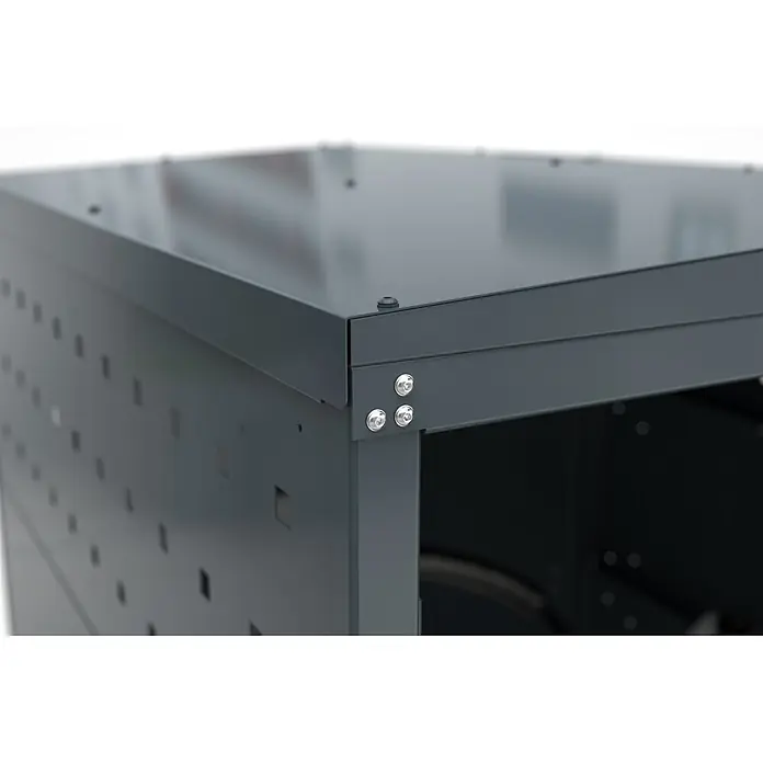 WSM Fahrradgarage Rollatorbox Giebeldach - Anthrazit - Dunkelgraues Metallgehäuse mit verschraubter Deckplatte und gelochten Seitenwänden.