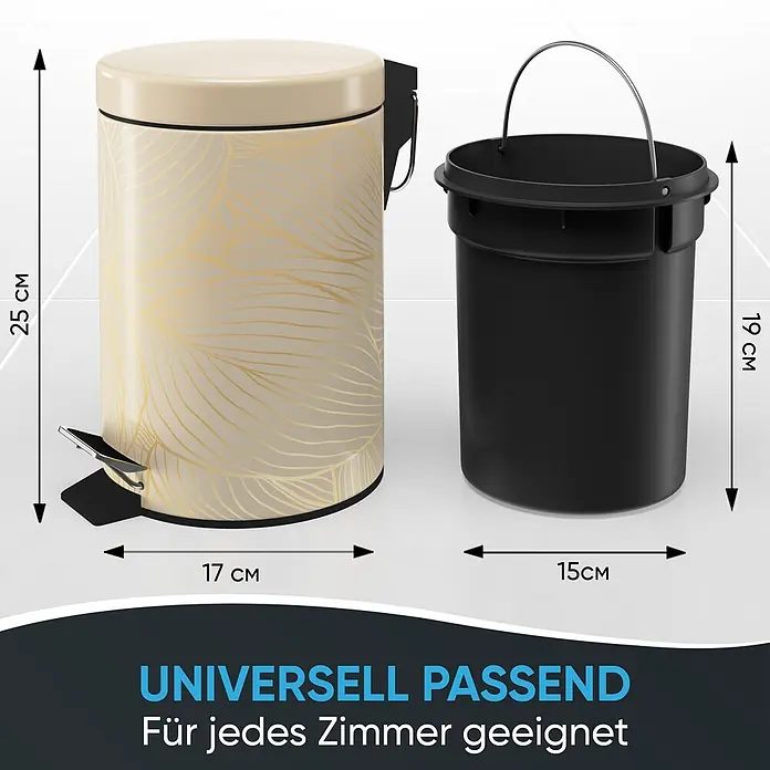 SANILO Kosmetikeimer Hosta - 3 l, Metall, Beige|Goldfarben - Beiger Treteimer mit goldener Blattmusterung und herausnehmbarem schwarzem Inneneimer mit Griff.