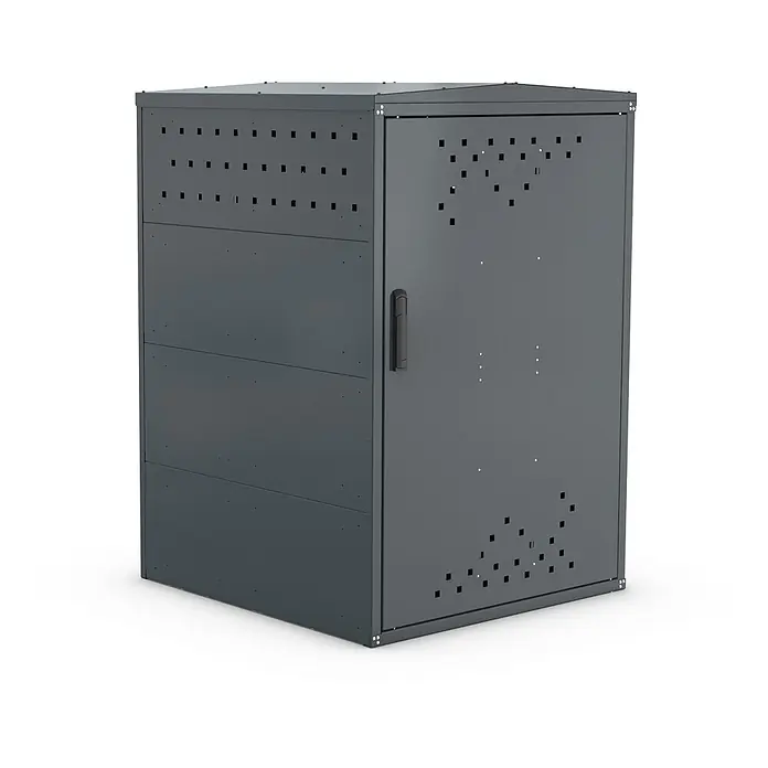 WSM Fahrradgarage Rollatorbox Giebeldach - Anthrazit - Dunkelgrauer Metall-Geräteschrank mit belüfteter Seitenwand und Tür, mit schwarzem Griff zur sicheren Aufbewahrung.