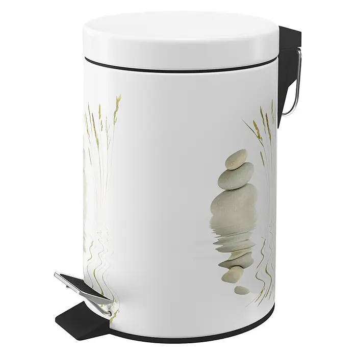 SANILO Kosmetikeimer Balance - 3 l, Metall, Beige|Weiß - Weißer Treteimer mit Naturmotiv aus gestapelten Steinen und Gräsern, die sich im Wasser spiegeln.