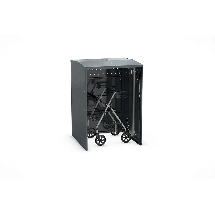 WSM Fahrradgarage Rollatorbox Giebeldach - Anthrazit - Dunkelgrauer Aufbewahrungsschrank mit einem hellgrauen Rollator, schwarzem Sitz und Rädern.