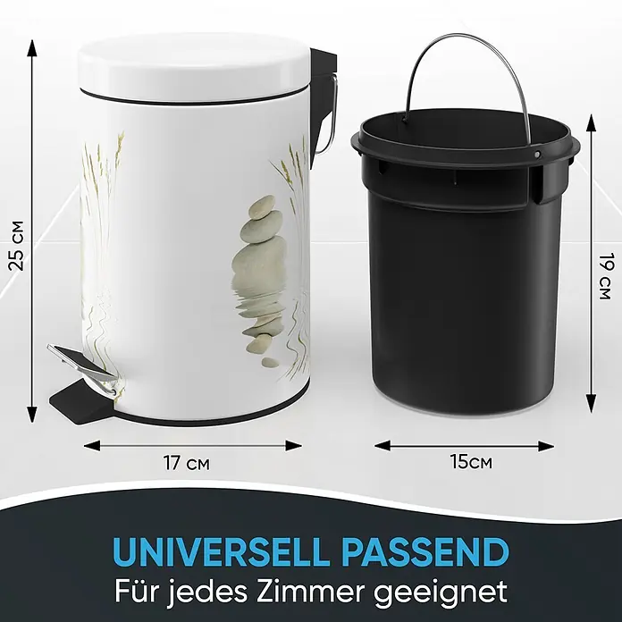 SANILO Kosmetikeimer Balance - 3 l, Metall, Beige|Weiß - Weißer Tretmülleimer mit Dekorprint und schwarzem Fußpedal, daneben sein schwarzer Inneneimer mit Metallgriff. Maße sind angegeben.