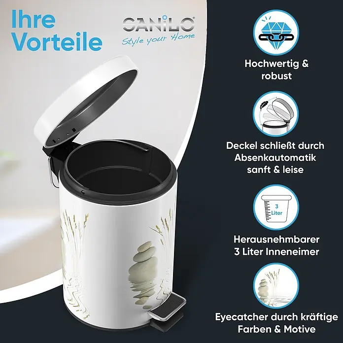 SANILO Kosmetikeimer Balance - 3 l, Metall, Beige|Weiß - Weißer Treteimer mit offenem Deckel, verziert mit Naturmotiv aus Steinen und Gräsern mit Wasserspiegelung. Schwarzer Inneneimer, silbernes Pedal.