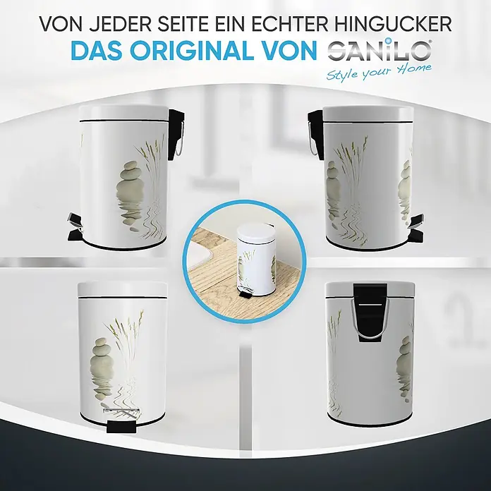 SANILO Kosmetikeimer Balance - 3 l, Metall, Beige|Weiß - Weißer Treteimer mit Zen-Design (Steinstapel, Grasreflexion), aus verschiedenen Blickwinkeln und im Badambiente gezeigt.
