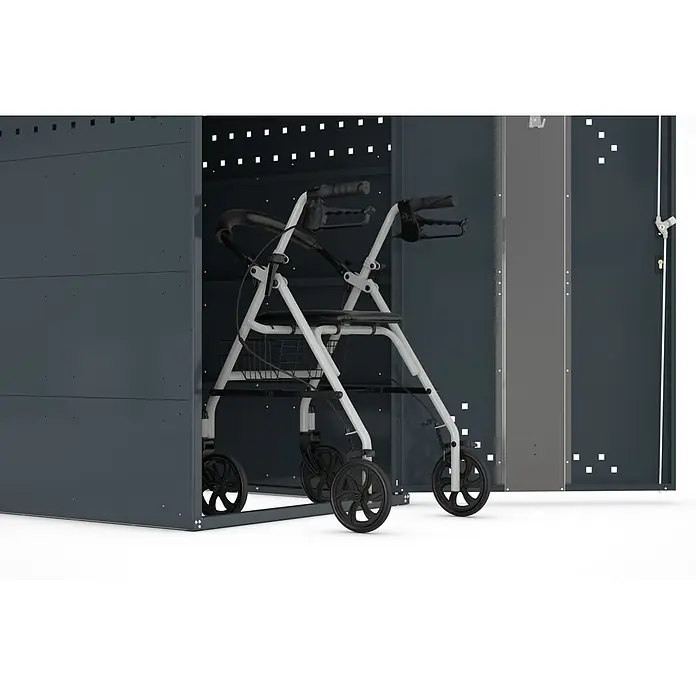 WSM Fahrradgarage Rollatorbox Giebeldach - Anthrazit - Weißer Rollator mit schwarzem Sitz und Griffen in einem dunkelgrauen Metall-Geräteschuppen.