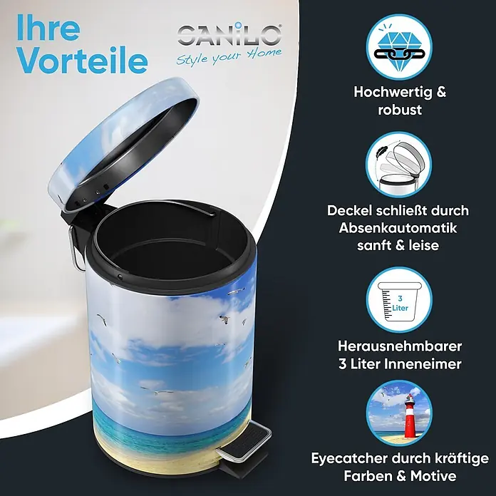 SANILO Kosmetikeimer Leuchtturm - 3 l, Metall, Blau|Rot|Beige|Weiß - Dekorativer 3-Liter-Treteimer mit Strand- und Himmelaufdruck, sanft schließendem Deckel und herausnehmbarem Inneneimer.
