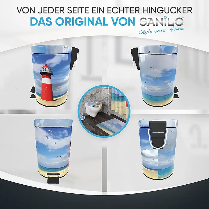 SANILO Kosmetikeimer Leuchtturm - 3 l, Metall, Blau|Rot|Beige|Weiß - Zylindrischer Bad-Treteimer mit Strand- und Leuchtturm-Motiv, zeigt blauen Himmel, Sand und Meer.