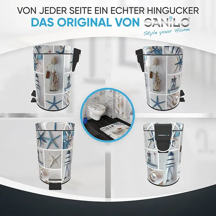 SANILO Kosmetikeimer Meeresbrise - 3 l, Metall, Beige|Blau|Creme - Nautischer Treteimer mit Seestern-, Muschel- und Leuchtturmmotiven, in vier Ansichten mit passendem Toilettenzubehör dargestellt.
