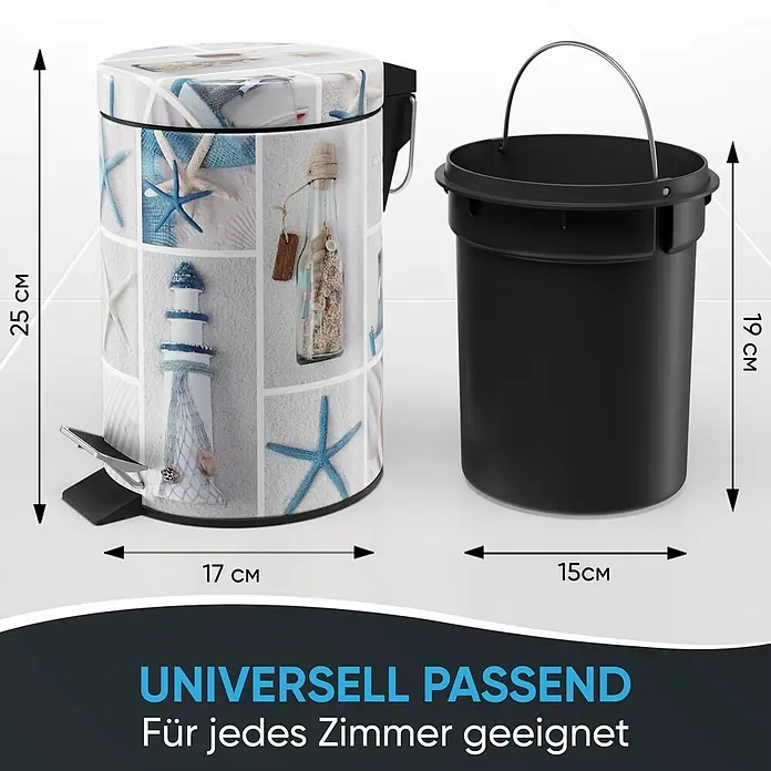 SANILO Kosmetikeimer Meeresbrise - 3 l, Metall, Beige|Blau|Creme - Tretmülleimer mit maritimen Collage-Druck und herausnehmbarem schwarzen Inneneimer.