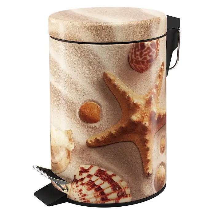 SANILO Kosmetikeimer Sanibel - 3 l, Metall, Braun|Beige|Creme|Hellbraun|Rotbraun - Tretmülleimer mit Strandmotiv: Sand, Seestern und Muscheln.