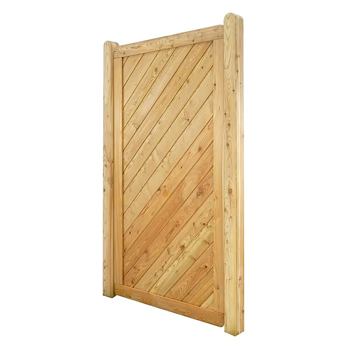 GartenLand Zauntor NIZZA gerade - 100 x 180 cm, Lärche, Holz - Helles Naturholz-Zaunpaneel mit diagonalen Lamellen, oben, unten und seitlich gerahmt.