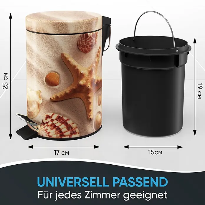 SANILO Kosmetikeimer Sanibel - 3 l, Metall, Braun|Beige|Creme|Hellbraun|Rotbraun - Zylindrischer Treteimer mit Sand-, Seestern- und Muschelmuster, daneben ein schwarzer Inneneimer mit Metallgriff.