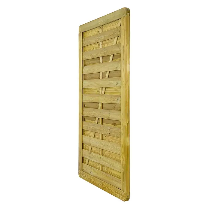 GartenLand Zauntor VARIO gerade - Kiefer KDI Grün, Holz - Helles Holzzaunelement mit verwobenen horizontalen Latten und diagonalen Stützen, mit abgerundeten oberen und unteren Leisten.