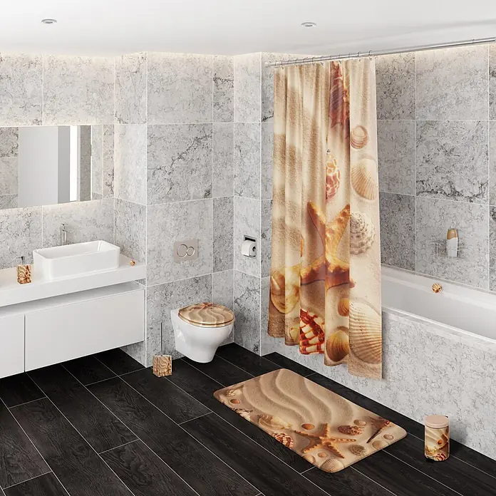 SANILO Kosmetikeimer Sanibel - 3 l, Metall, Braun|Beige|Creme|Hellbraun|Rotbraun - Badezimmer mit Strand-Accessoires: Duschvorhang, Badematte, Toilettensitz, Seifenspender und Mülleimer mit Sand- und Muschelmotiven.