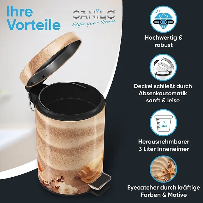 SANILO Kosmetikeimer Sanibel - 3 l, Metall, Braun|Beige|Creme|Hellbraun|Rotbraun - Ein beiger Treteimer mit Sand- und Muschelmotiv, 3 Liter Fassungsvermögen und sanft schließendem Deckel.