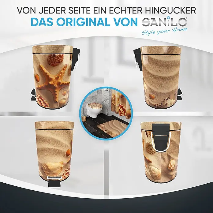 SANILO Kosmetikeimer Sanibel - 3 l, Metall, Braun|Beige|Creme|Hellbraun|Rotbraun - Treteimer mit Strand-Sand- und Muscheldruck, aus verschiedenen Blickwinkeln und in einem Bad mit passenden Accessoires dargestellt.