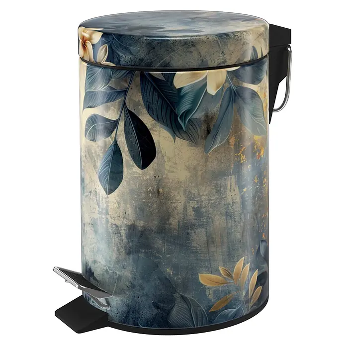 SANILO Kosmetikeimer Lilybud - 3 l, Metall, Gelb|Grau - Tretmülleimer mit dunklem botanischem Muster aus Blättern und hellen Blüten auf strukturiertem blau-goldenem Hintergrund.