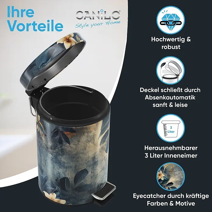 SANILO Kosmetikeimer Lilybud - 3 l, Metall, Gelb|Grau - Floral gemusterter Treteimer mit offenem Deckel und 3-Liter-Inneneimer. Robust, sanft schließend, auffällig designt.