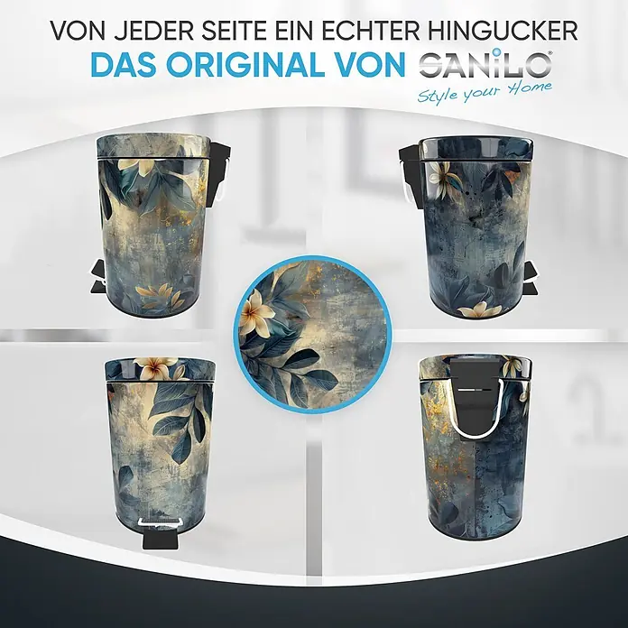 SANILO Kosmetikeimer Lilybud - 3 l, Metall, Gelb|Grau - Treteimer mit Blumenmuster in Blau-, Grau- und Goldtönen, aus verschiedenen Blickwinkeln und Detailansicht.