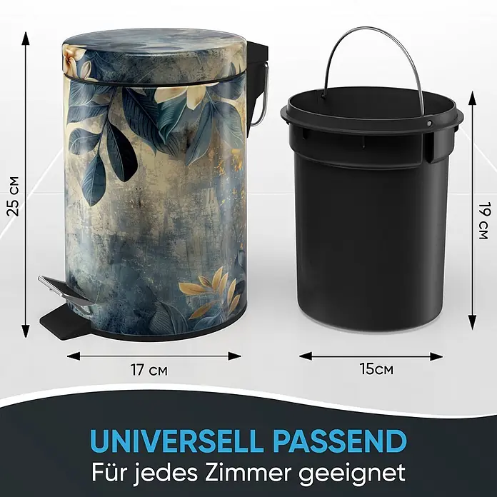 SANILO Kosmetikeimer Lilybud - 3 l, Metall, Gelb|Grau - Dekorativer Treteimer mit tropischem Blättermuster (25x17cm) und schwarzem Inneneimer mit Henkel (19x15cm).