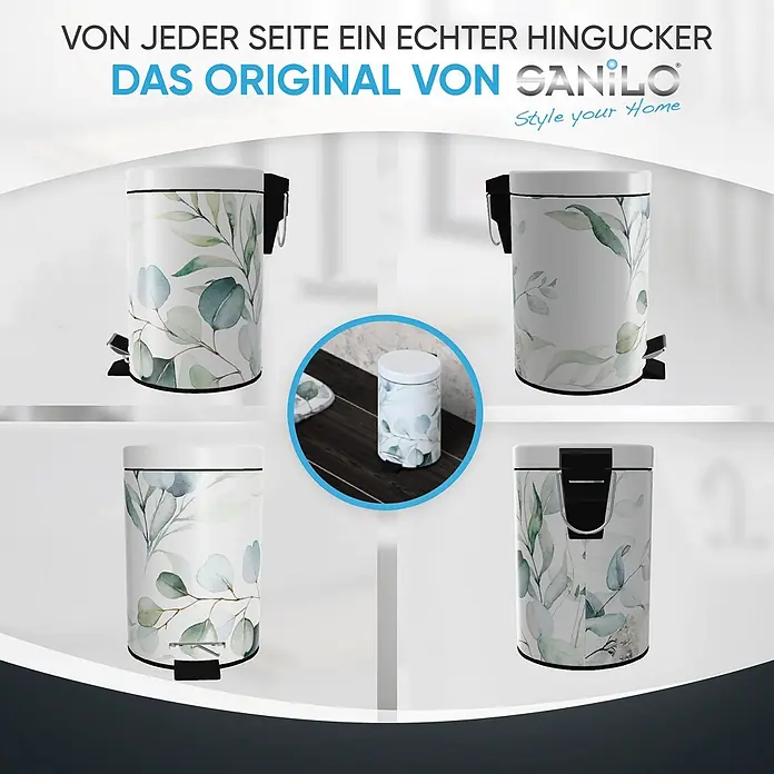 SANILO Kosmetikeimer Eukalyptus - 3 l, Metall, Weiß|Grün - Weißer Tretmülleimer mit elegantem grünen Blattmuster, aus verschiedenen Blickwinkeln und im Badezimmer gezeigt.