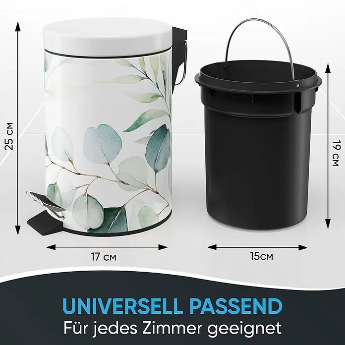 SANILO Kosmetikeimer Eukalyptus - 3 l, Metall, Weiß|Grün - Weißer Treteimer mit grünem Blattmuster (25x17CM) und schwarzem Inneneimer (19x15CM).