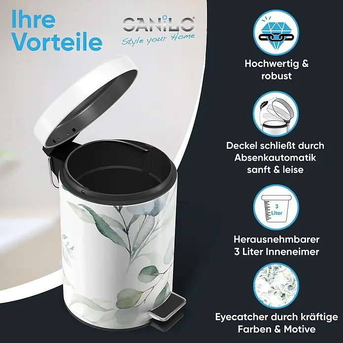 SANILO Kosmetikeimer Eukalyptus - 3 l, Metall, Weiß|Grün - Weißer 3-Liter Treteimer mit grünem Blättermuster und Soft-Close-Deckel.