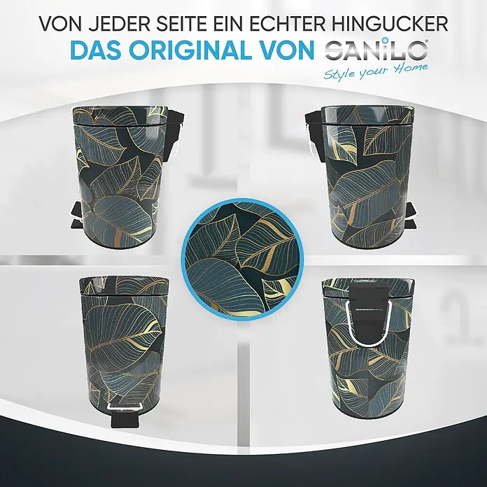 SANILO Kosmetikeimer Monstera - 3 l, Metall, Dunkelgrün|Goldfarben - Stylischer dunkelgrüner Tretmülleimer mit goldenem Blattmuster, aus verschiedenen Blickwinkeln gezeigt.