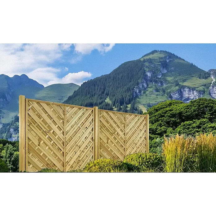 GartenLand Zauntor Diagonalzaun VARIO gerade - 100 x 180 cm, Kiefer KDI Grün, Holz - Zwei hellbraune Holz-Gartenzaunfelder mit diagonalem Gitterdesign, für den Außenbereich.