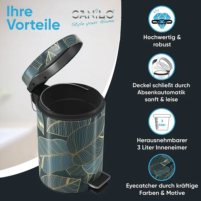 SANILO Kosmetikeimer Monstera - 3 l, Metall, Dunkelgrün|Goldfarben - Tretmülleimer in Petrol mit goldfarbenem Blattmuster, Deckel offen, mit herausnehmbarem 3-Liter-Inneneimer.