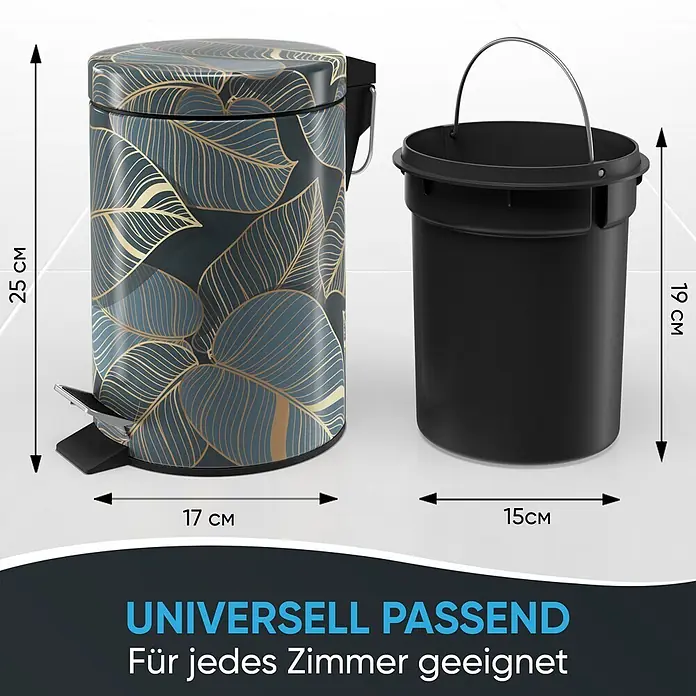 SANILO Kosmetikeimer Monstera - 3 l, Metall, Dunkelgrün|Goldfarben - Zylindrischer dunkelblauer Treteimer mit goldenem Tropenblattmuster. Daneben ein schwarzer Inneneimer mit Metallgriff.