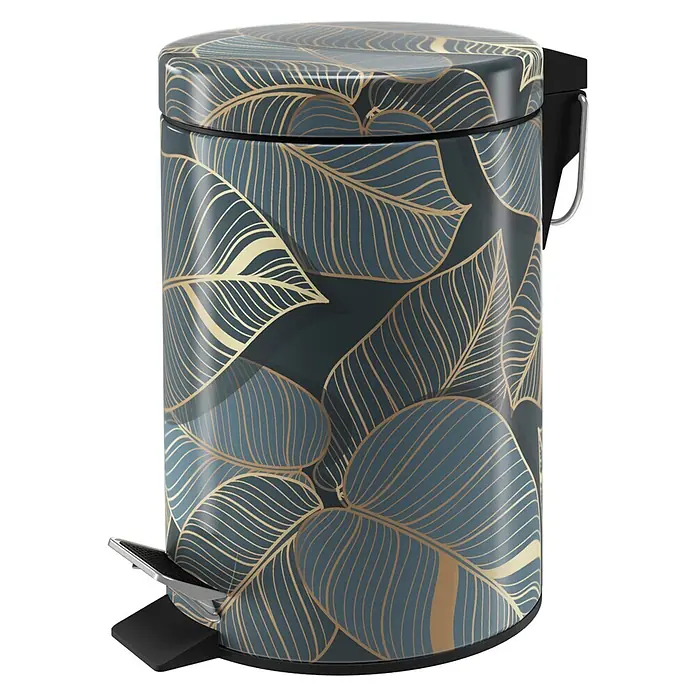 SANILO Kosmetikeimer Monstera - 3 l, Metall, Dunkelgrün|Goldfarben - Treteimer mit blauem und goldenem Blattmuster. Verfügt über ein schwarzes Fußpedal.