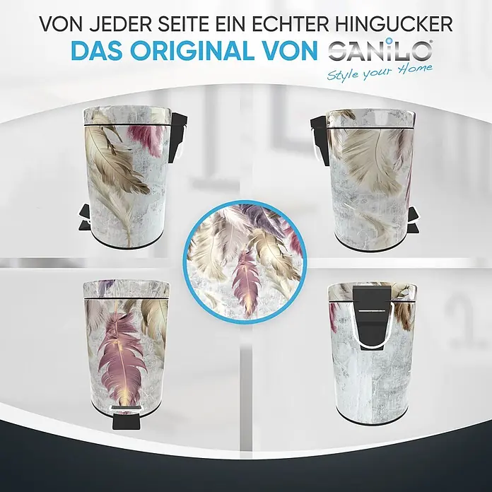 SANILO Kosmetikeimer Federn - 3 l, Metall, Lila|Grau|Beige - Tretmülleimer mit grauem Beton-Look und farbigem Federndekor.