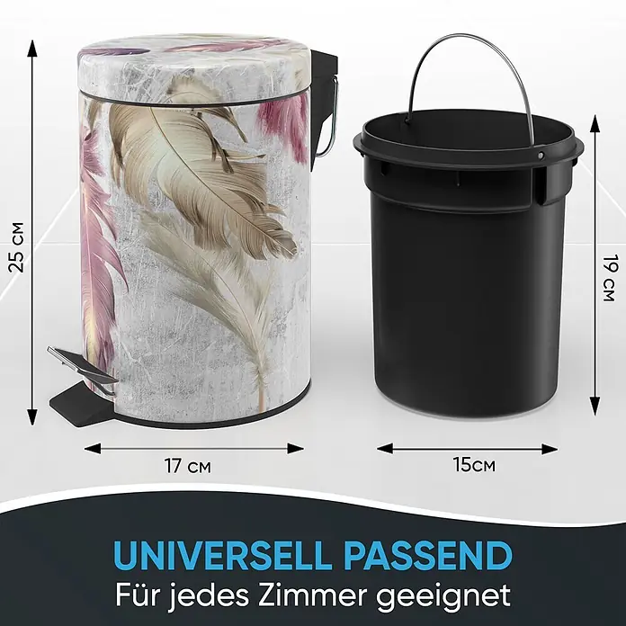 SANILO Kosmetikeimer Federn - 3 l, Metall, Lila|Grau|Beige - Kleiner Tretmülleimer mit buntem Federmuster auf weiß-grauem Hintergrund und herausnehmbarem schwarzem Inneneimer. Maße sind angegeben.