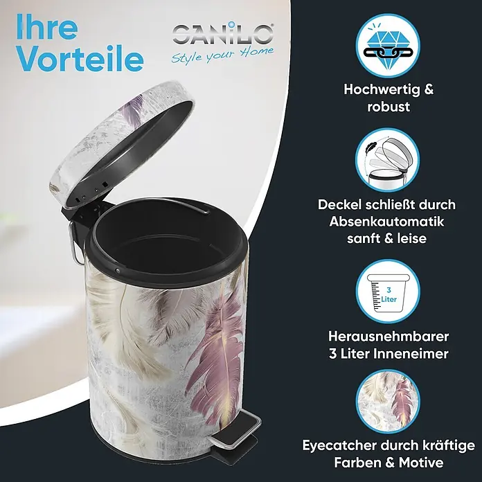 SANILO Kosmetikeimer Federn - 3 l, Metall, Lila|Grau|Beige - Treteimer mit Feder-Motiv, sanft schließendem Deckel und herausnehmbarem Inneneimer.