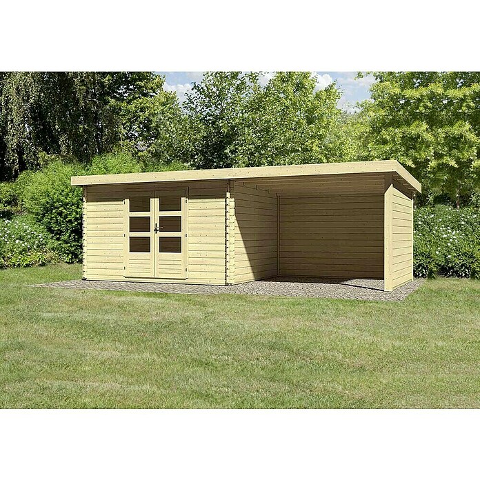 Karibu Blockbohlenhaus Bastrup 7 (333 x 674 cm, Wandstärke: 28 mm, Pultdach, Ausführung: Mit Anbau, Seiten- & Rückwand)