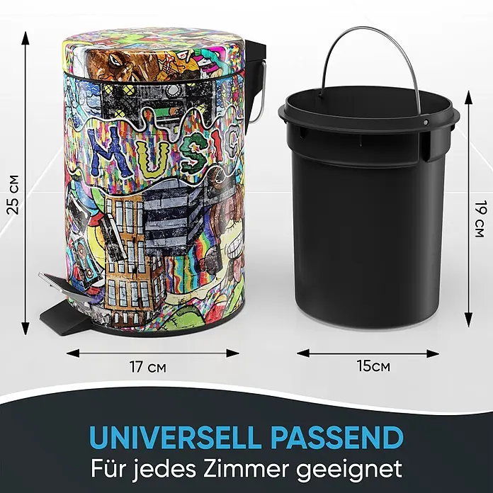 SANILO Kosmetikeimer Graffiti - 3 l, Metall, Rot|Gelb|Multicolor|Braun|Lila - Bunter Treteimer im Graffiti-Stil mit schwarzem, herausnehmbarem Inneneimer.