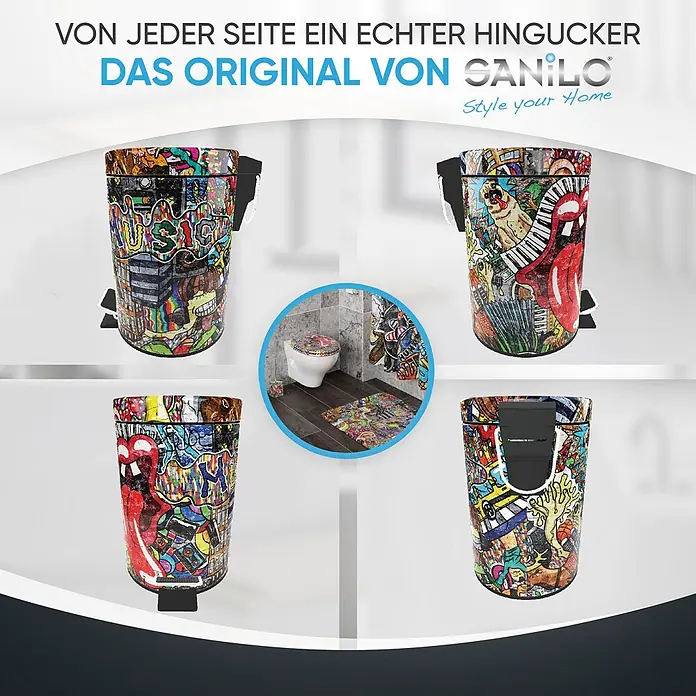 SANILO Kosmetikeimer Graffiti - 3 l, Metall, Rot|Gelb|Multicolor|Braun|Lila - Bunte Pedal-Mülleimer-Kollektion im Graffiti-Stil. Enthält passenden Toilettensitz, Matte und Bürstenhalter für ein komplettes Bad.