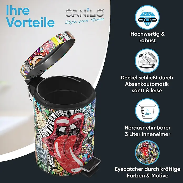 SANILO Kosmetikeimer Graffiti - 3 l, Metall, Rot|Gelb|Multicolor|Braun|Lila - Farbiger 3-Liter-Tretmülleimer mit Graffiti-Kunst und rotem Lippenmotiv, geöffnetem Soft-Close-Deckel und herausnehmbarem Inneneimer.