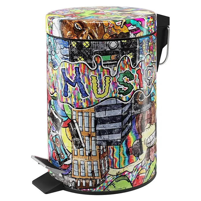 SANILO Kosmetikeimer Graffiti - 3 l, Metall, Rot|Gelb|Multicolor|Braun|Lila - Lebhafter, mehrfarbiger Treteimer mit Graffiti-Kunst und „MUSIC“-Text. Mit schwarzem Fußpedal.