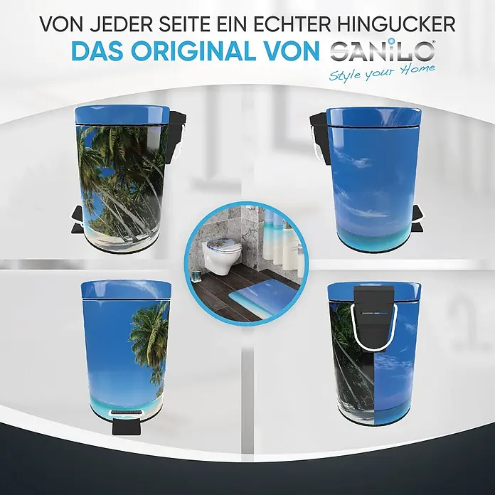 SANILO Kosmetikeimer Karibik - 3 l, Metall, Blau|Grün|Beige|Türkis - Blauer Treteimer mit tropischem Strand- und Palmenmotiv, aus verschiedenen Winkeln gezeigt. Ein passendes Bad-Set ist ebenfalls abgebildet.