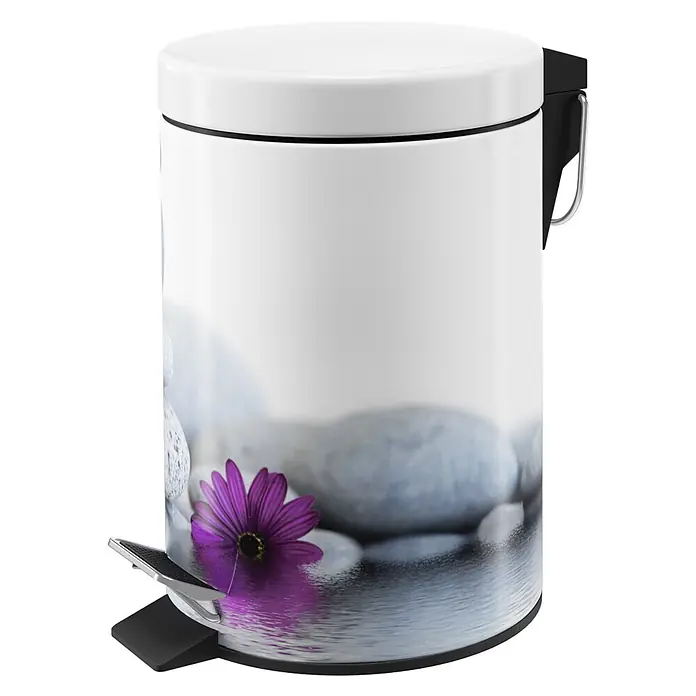 SANILO Kosmetikeimer Energy Stones - 3 l, Metall, Grau|Schwarz|Violett - Weißer Treteimer mit lila Blume und Zen-Steinen mit Wasserreflektion.