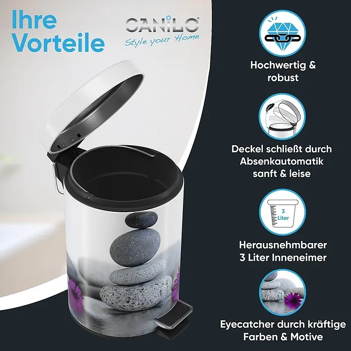 SANILO Kosmetikeimer Energy Stones - 3 l, Metall, Grau|Schwarz|Violett - Weißer Treteimer mit ruhigem Steinturm- und lila Blumenmotiv, Deckel offen. Mit 3-Liter-Inneneimer.